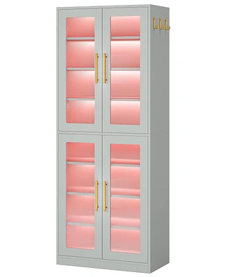 Tribesigns Tall Shoe Cabinet with Acrylic Doors and Led Lights, 8-Tier Entryway Storage Rack Adjustable Shelves Hanging Hooks for Narrow