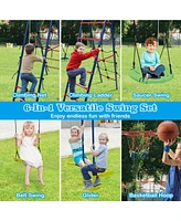 550 Lbs 6-in-1 Patio Kids Swing Set – Climbing Net, Ladder & Basketball Hoop