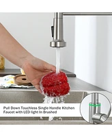 Flynama Pull Down Touchless Single Handle Kitchen Faucet with Led light In Brushed