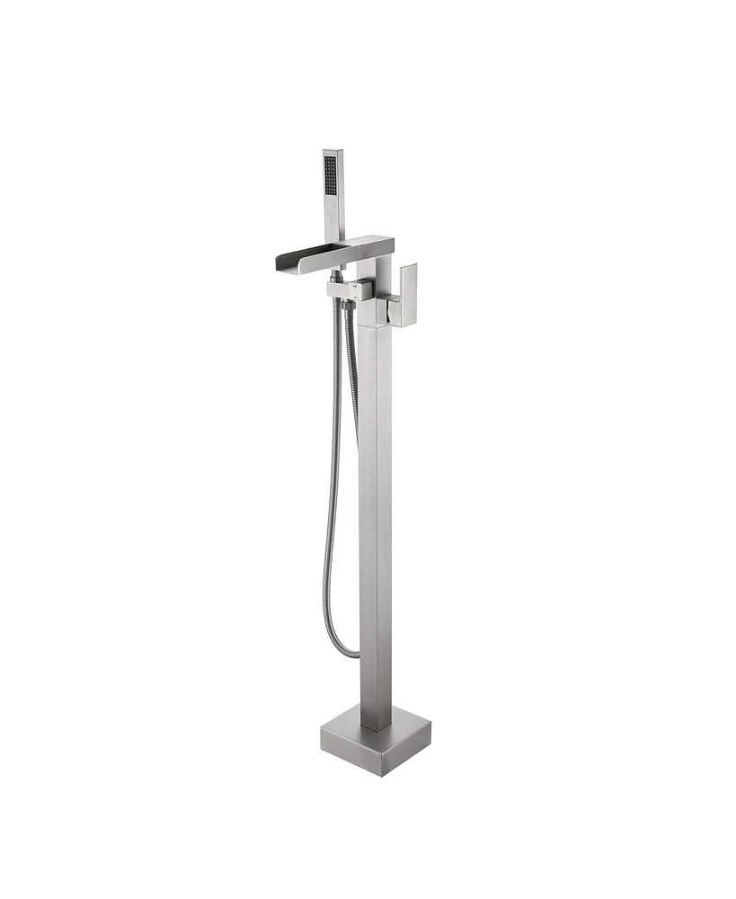 Flynama Single-Handle Free Standing Waterfall Tub Filler Bathroom Tub Faucet with Handheld Shower in Brushed Nickel