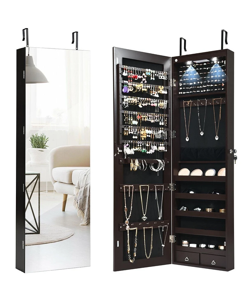 Sugift Wall and Door Mounted Mirrored Jewelry Cabinet with Lights-Brown