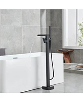 Flynama Single Handle Free Standing Waterfall Tub Filler Bathroom Tub Faucet with Handheld Shower in Matel Black