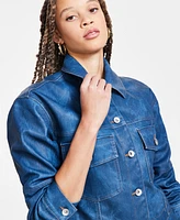 Bar Iii Women's Denim-Finish Faux-Leather Trucker Jacket, Exclusively at Macy's