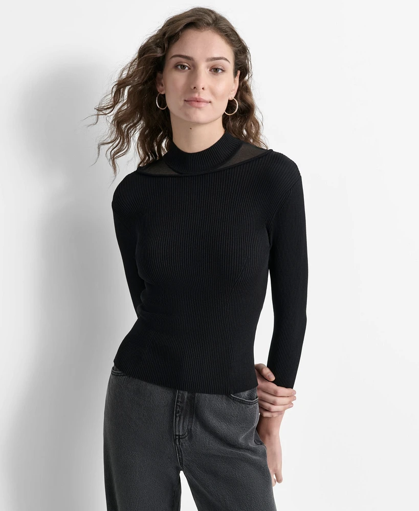 Dkny Women's Mock-Neck Sheer-Detail Long-Sleeve Sweater