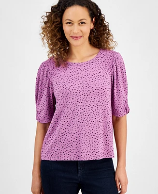 Democracy Petite Foil-Print Elbow-Sleeve Scoop-Neck Top