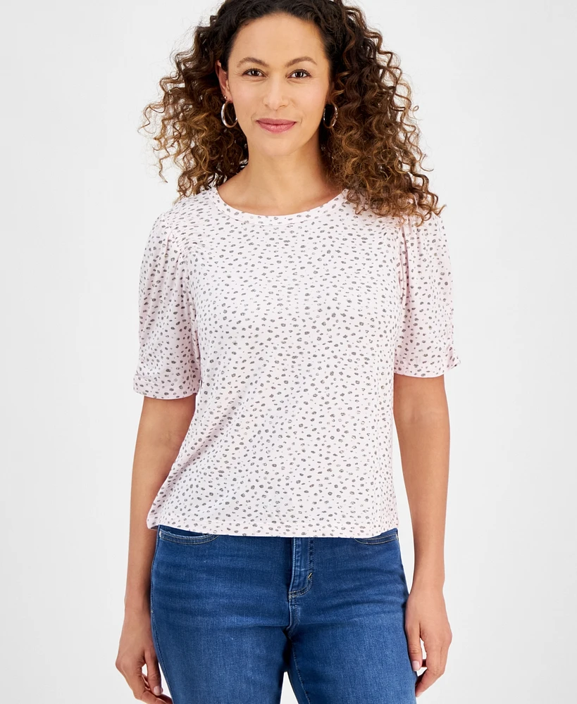 Democracy Petite Foil-Print Elbow-Sleeve Scoop-Neck Top