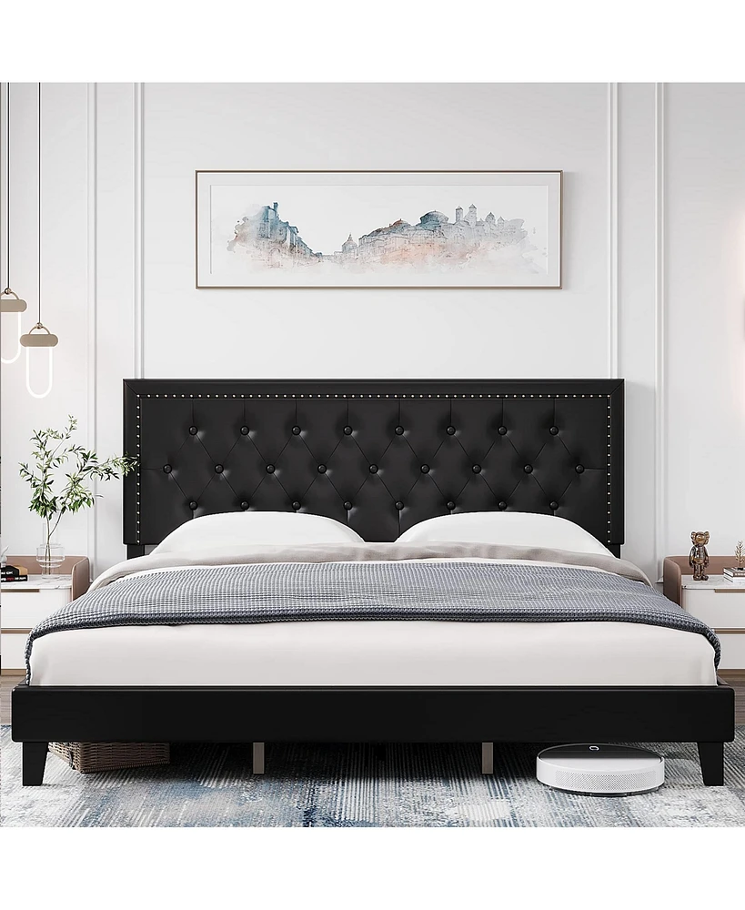 gaomon King Size Bed Frame with Tufted Faux Leather Headboard, Upholstered Platform Bed with Adjustable Headboard