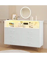 gaomon Dresser For Bedroom With Led Light & Charging Station, 6 Wooden Drawers Dressers With 2-Tier Open Shelves, Modern Chest Of Double Wide Drawers