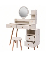 gaomon Stylish Bedroom Vanity Table With Cushioned Stool, Touch Control Led Mirror, 5 Drawers, Multiple Open Shelves