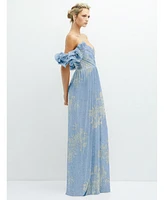 After Six Women's Dramatic Ruffle Edge Convertible Strap Metallic Pleated Maxi Dress with Floral Gold Foil Print