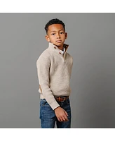 Hope & Henry Boys Organic Long Sleeve Mock Neck Mix Stitch Button Sweater with Elbow Patches