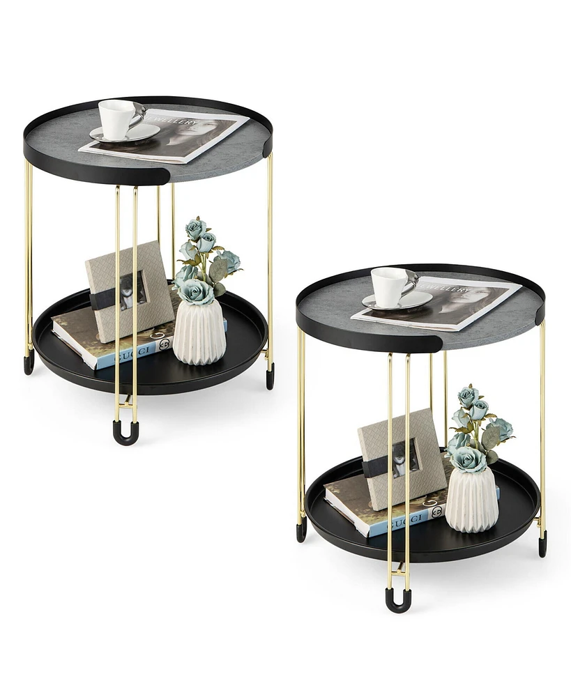 Gymax 2PCS 2-Tier Side End Table Round Nightstand Gold Frame for Living Room Bedroom