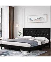 gaomon King Size Bed Frame with Tufted Faux Leather Headboard, Upholstered Platform Bed with Adjustable Headboard