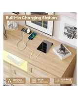 gaomon Natural Rattan Dresser For Bedroom With Led Light And Charging Station, 6 Drawer Double Dressers, Modern Wooden Dresser Chest, Beside Table For
