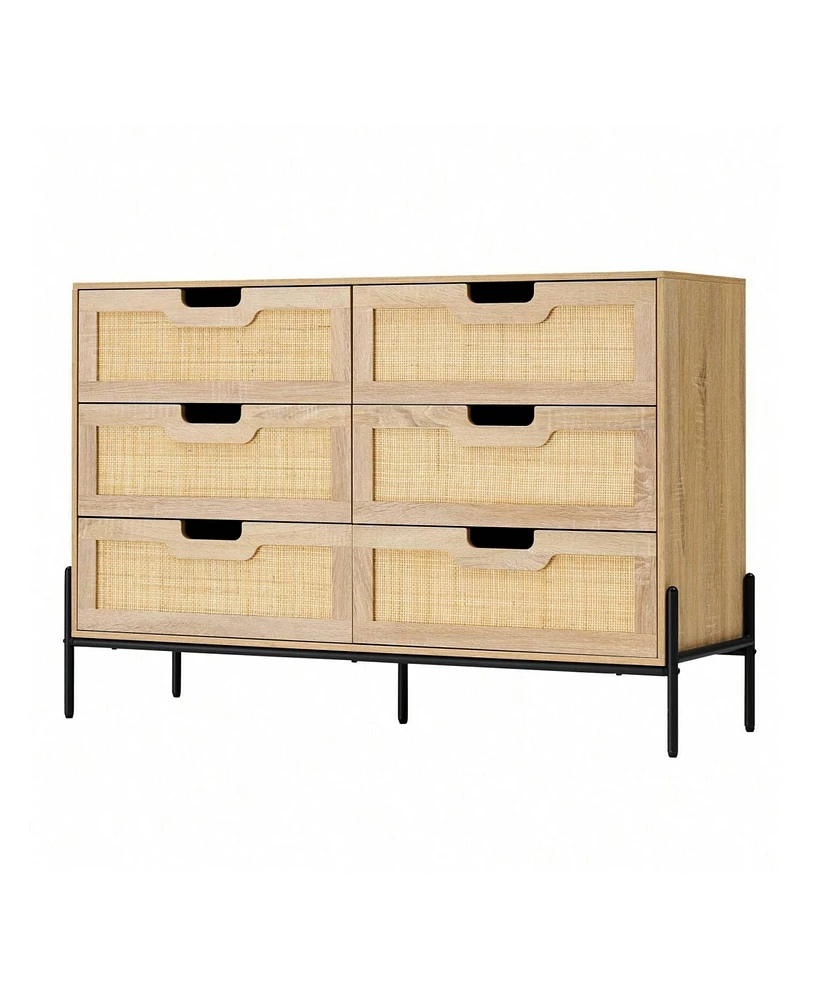 gaomon 6 Drawers Dresser For Bedroom, Natural Rattan Drawer With Spacious Storage, Wood Chest Of Drawers With Metal Legs For Bedroom, Living Room, Hal