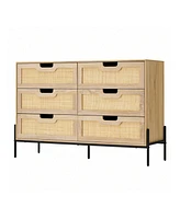 gaomon 6 Drawers Dresser For Bedroom, Natural Rattan Drawer With Spacious Storage, Wood Chest Of Drawers With Metal Legs For Bedroom, Living Room, Hal