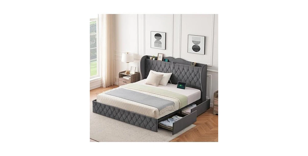 gaomon King Size Velvet Bed Frame with 4 Convenient Storage Drawers, Wingback Headboard with Charging Station