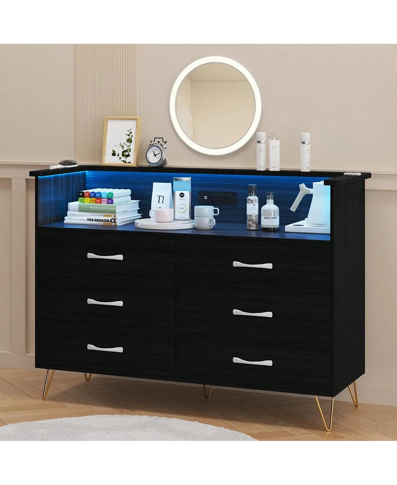 gaomon Dresser For Bedroom With Led Light & Charging Station, 6 Wooden Drawers Dressers With 2