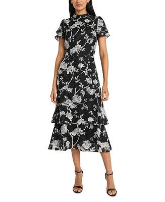 Maggy London Women's Floral Jacquard Tiered Fit & Flare Dress