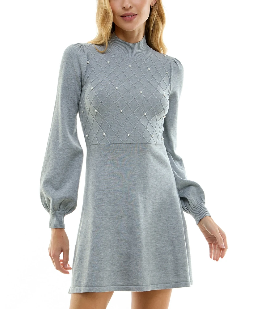 Crystal Doll Juniors' Pearl Turtleneck Blouson-Sleeve Sweater Dress