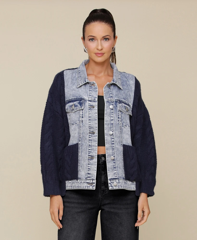 Avec Les Filles Women's Mixed-Media Denim Sweater Jacket