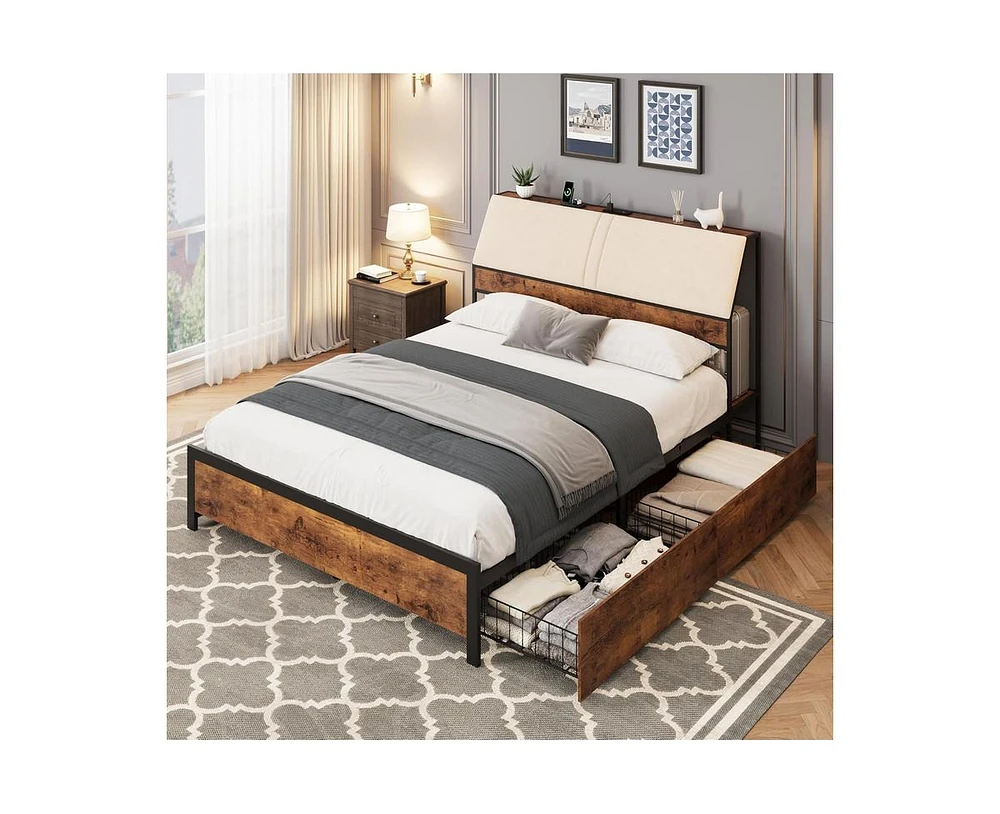 gaomon Full Size Bed Frame with Ergonomic Headboard and Charging Station, Upholstered Platform Bed, Metal Frame with 4 Storage Drawers, No Box Spring