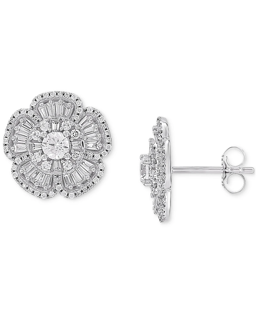 Diamond Baguette & Round Flower Stud Earrings (1 ct. t.w.) in 14k White Gold