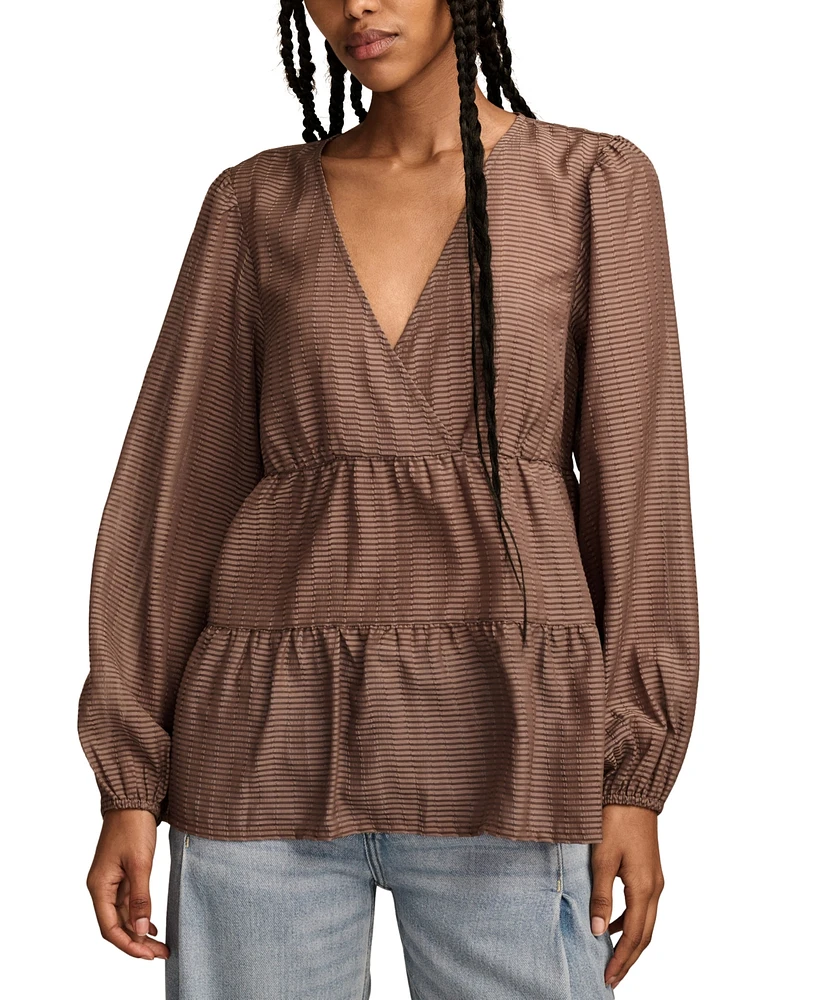 Lucky Brand Women's Striped Ruffle V-Neck Blouse