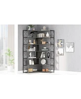 Slickblue Silver and Grey 7-Tier Bookcase - L-Shaped Corner Bookshelf with Metal Frame, Industrial