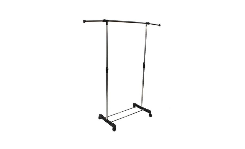 Slickblue Vertically Stretching Single-Bar Clothes Rack with Shoe Shelf - Sleek Silver Design for Organized Storage