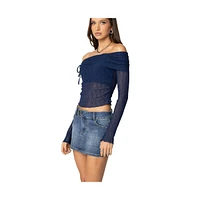 Edikted Womens Drawstring Fold Over Sheer Top