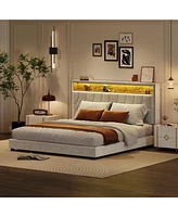 gaomon King Velvet Upholstered Bed Frame with Storage Headboard and Built-in Charging Station, Smart Led Lights