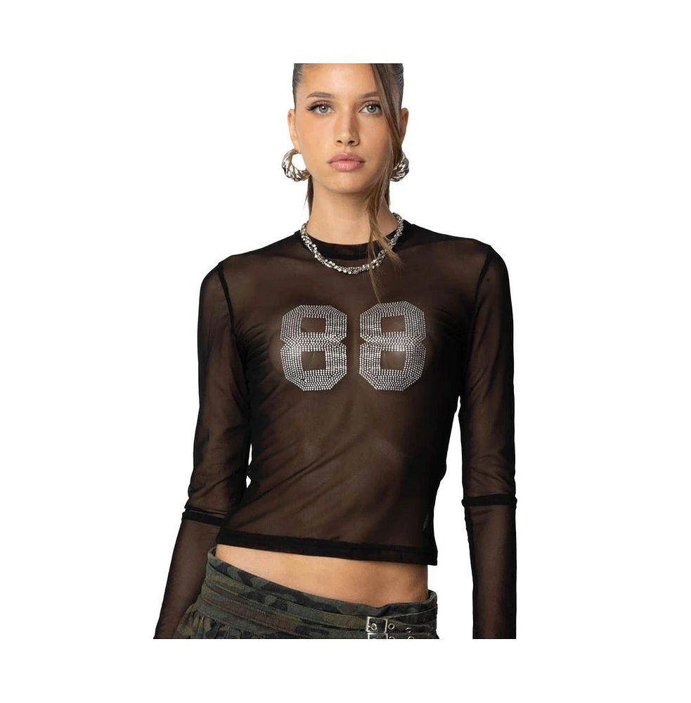 Edikted Women's 88 Rhinestone Sheer Mesh Top