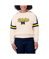 Wear by Erin Andrews Women's Cream Michigan Wolverines Chenille Woven Patch Stripe Pullover Sweatshirt