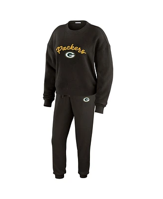 Wear by Erin Andrews Women's Cream Green Bay Packers Knitted Tri-blend Long Sleeve T-shirt Pants Lounge Set