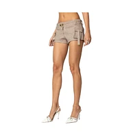 Edikted Women's Washed Faux Leather Micro Cargo Shorts