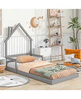 Slickblue Twin House-Shaped Floor Bed with Headboard and Handrails - Stylish Safe Sleeping Solution for Kids, Includes Slats