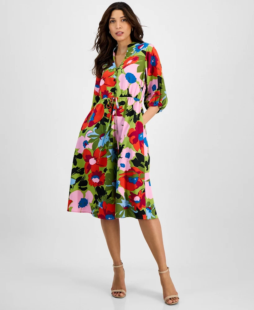 Sandra Darren Women's Floral-Print Split-Neck Midi Dress