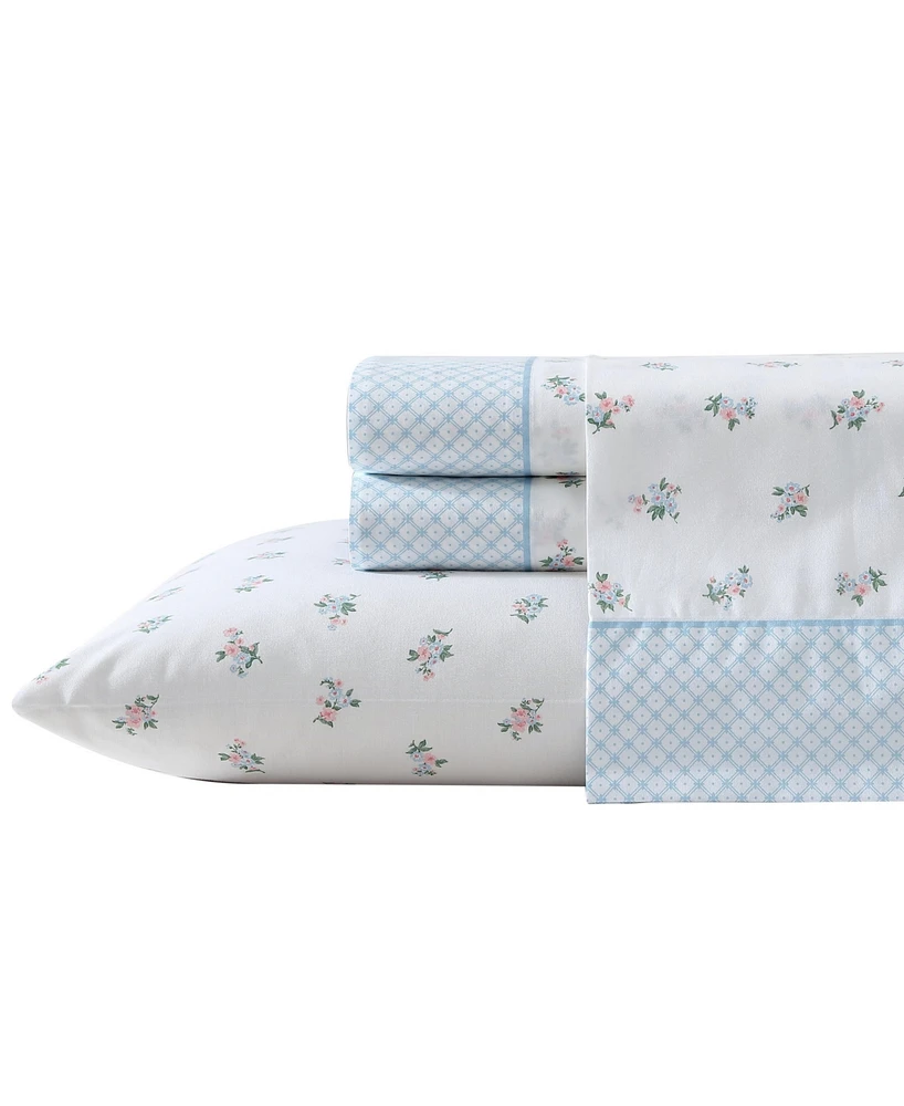 Laura Ashley Harperette Printed Hem 200-Thread Count Cotton Percale 4 -Pc. Sheet Set, Full