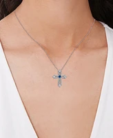 Blue Spinel (1/20 ct. t.w.) & Lab Grown White Sapphire (1-1/3 ct. t.w.) Open Cross 18" Pendant Necklace in Sterling Silver