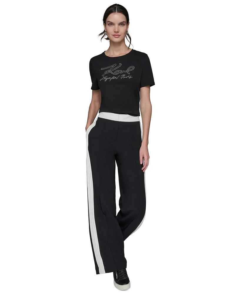 Karl Lagerfeld Paris Petite Wide-Leg Side-Stripe Pants