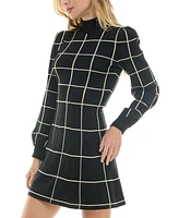 Crystal Doll Juniors' Metallic Windowpane Print Turtleneck Sweater Dress