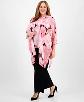 Anne Klein Plus Size Chiffon Kimono Printed Boat Neckline Blouse Pull On Mid Rise Wide Leg Pants