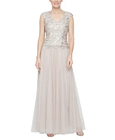 Alex Evenings Petite Long V-Neck Embroidered A-Line Dress