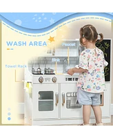 Qaba Play Kitchen, Kids Kitchen Playset w/ Play Phone & Chalkboard, Pink