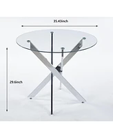 Dining Table with cross metal leg and tempered glass,Modern Space Saving Kitchen Table for Living Room,chrome legs