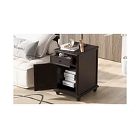 End Table with Solid Wood Legs, Side Table with Usb Ports, 1 Storage Cabinet and 1 Drawer for Living Room, Antique Navy