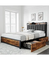 gaomon Full Size Bed Frame with Storage Linen Upholstered Headboard, 4 Drawers Platform Bed Frame