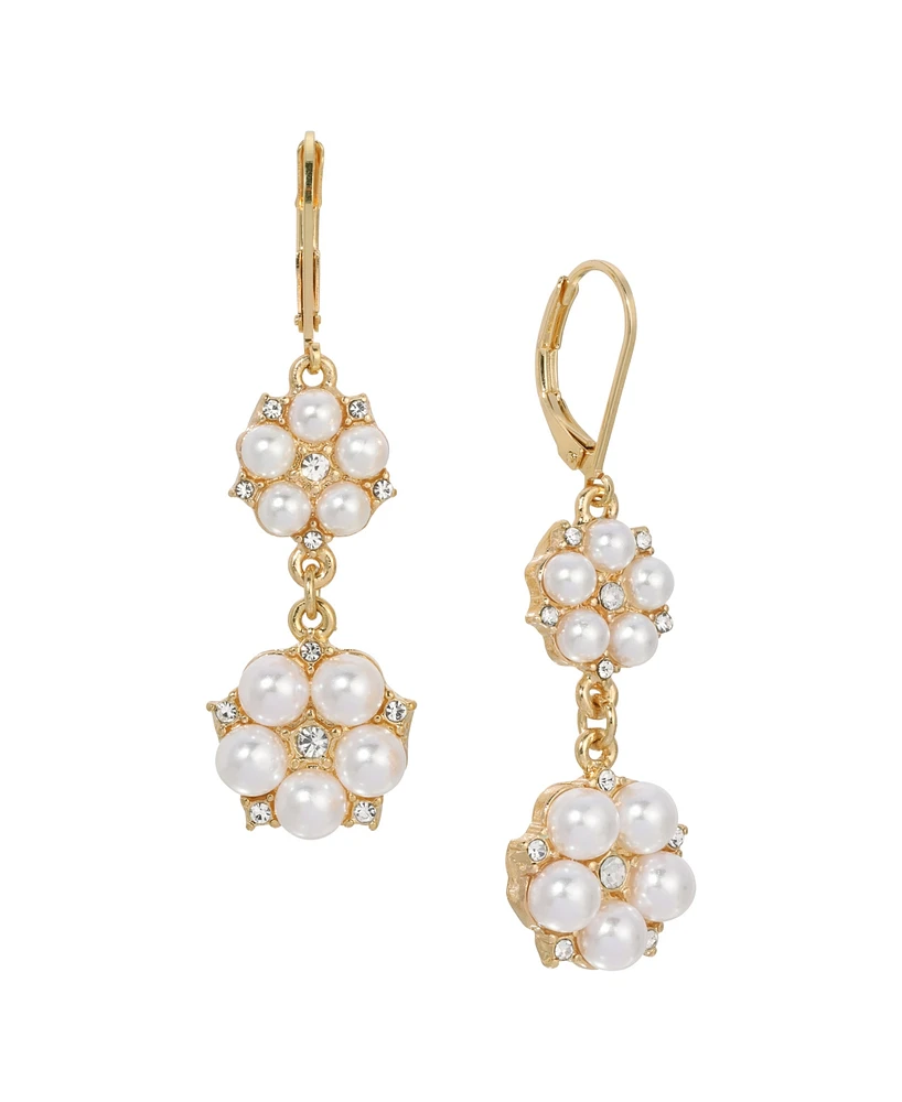 2028 Faux Cultivated Pearl Crystal Accent Double Flower Drop Earrings