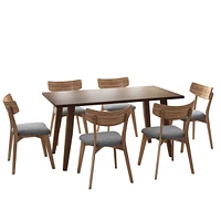 7 - Piece Dining Set,Mid-Century Walnut Finished Frame Upholstered Dining Chairs (Set of 6) (Dark Grey) +Wood Dining Table (Brown)